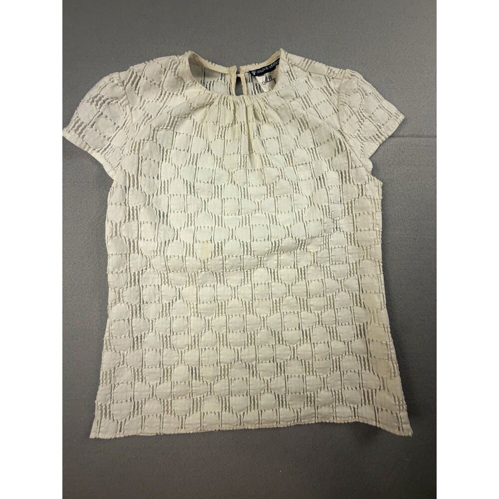 Bergdorf Goodman White Geometric Knit Round Neck Cap Sleeve Zip Blouse Women's 6